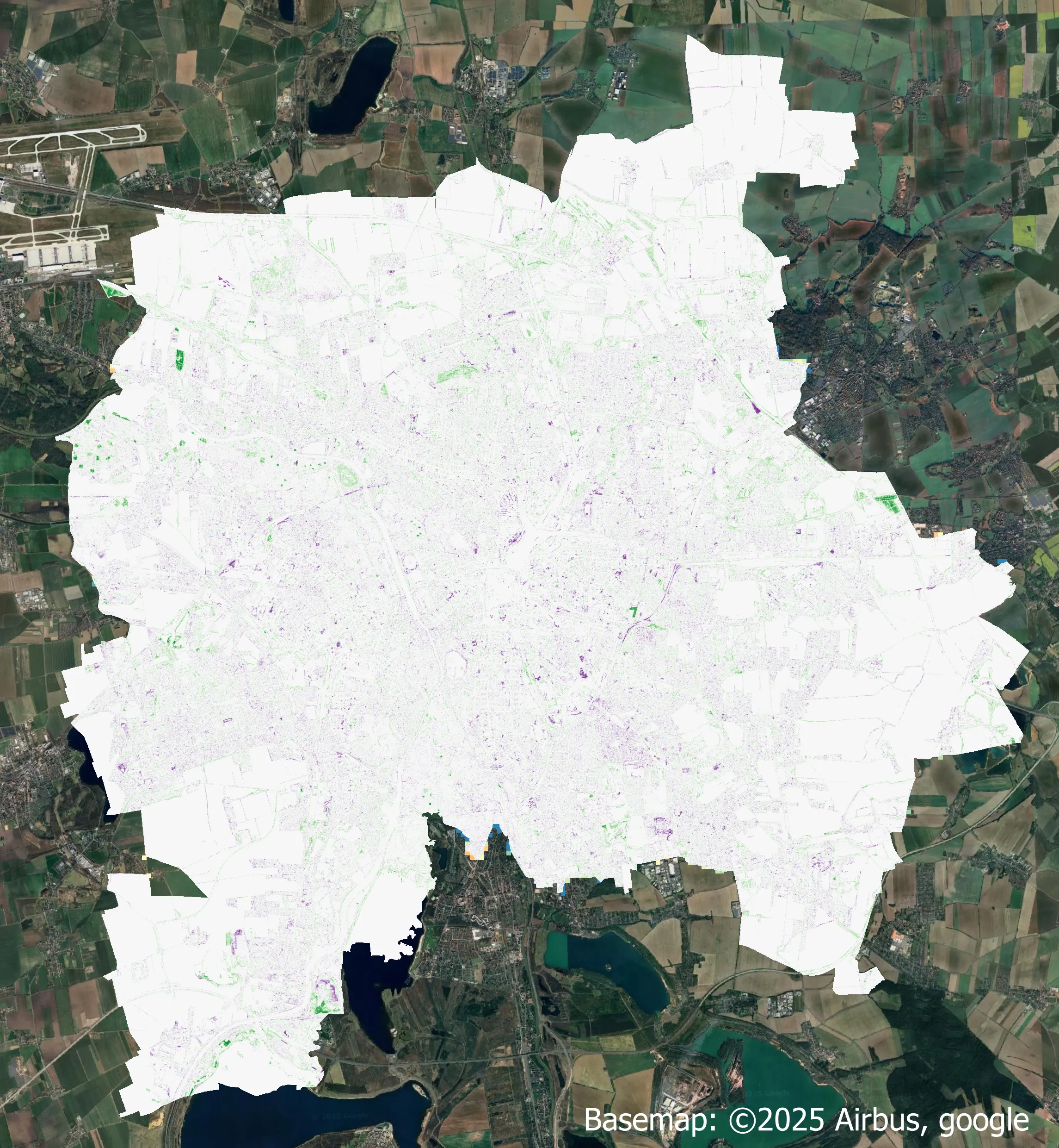 Karte der Veränderung des Beschirmungsgrads in Leipzig von 2018 bis 2025