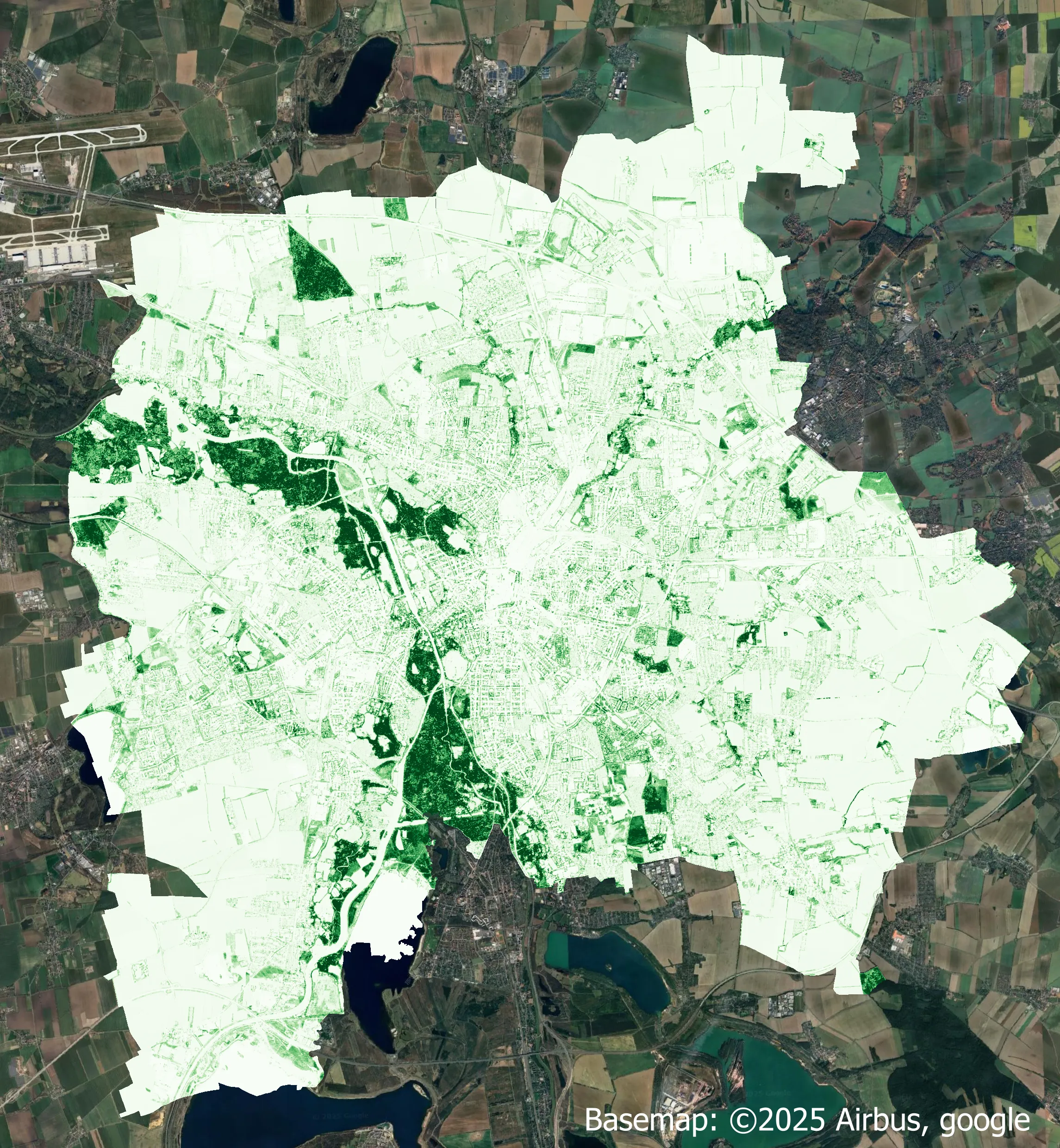 Karte des Grünvolumens von Leipzig