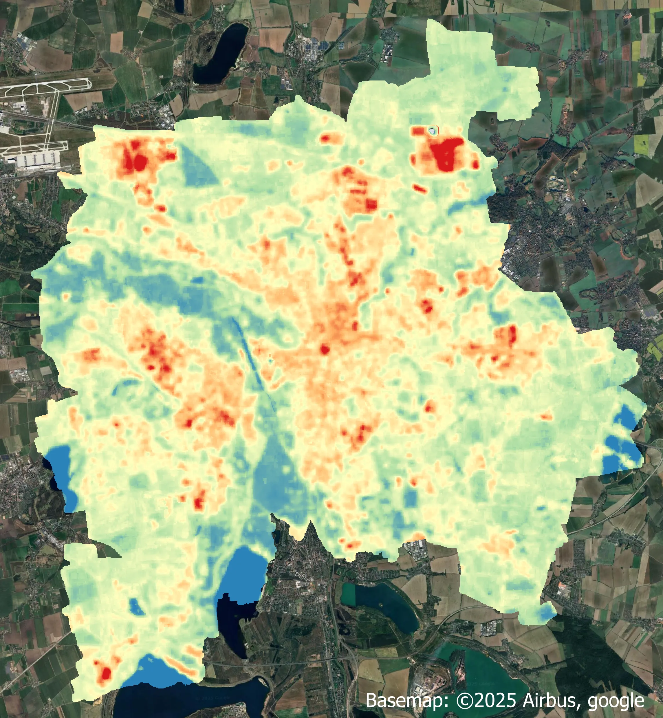 Karte der Oberflächentemperatur von Leipzig