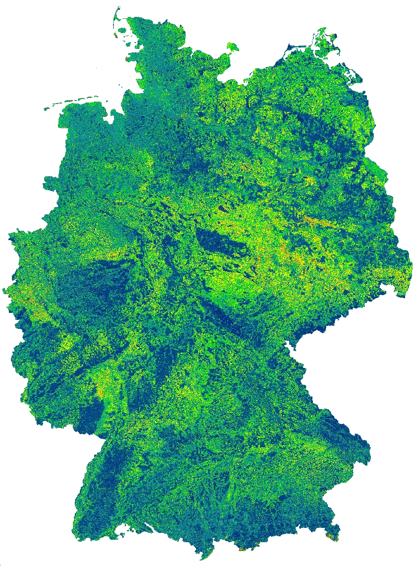 Deutschlandkarte mit einem bundesweit flächendeckend berechneten UrbanGreenEye-Indikator