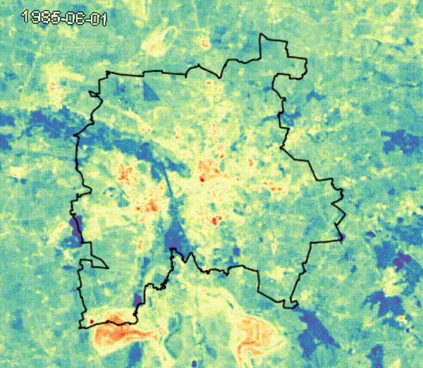 Animierte Karte der Oberflächentemperatur von Leipzig im Zeitverlauf ab 1985